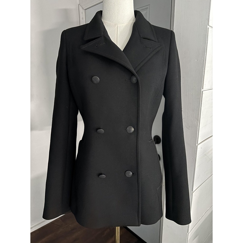 Reiss Coat Womens XS Black Double Breasted Pea Coat Slim Fit Career Minimalist